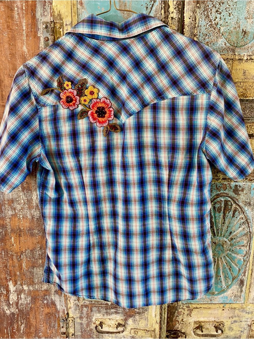 Panhandle Slim Blue Plaid Short-Sleeve Snap-Down Shirt - Picture 3 of 12
